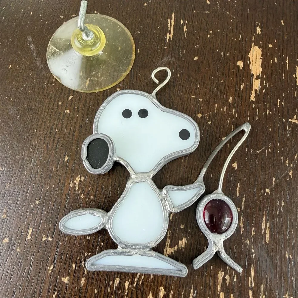 Vintage Stained Glass Suncatcher Snoopy Catching A Fish 3” Window Decoration